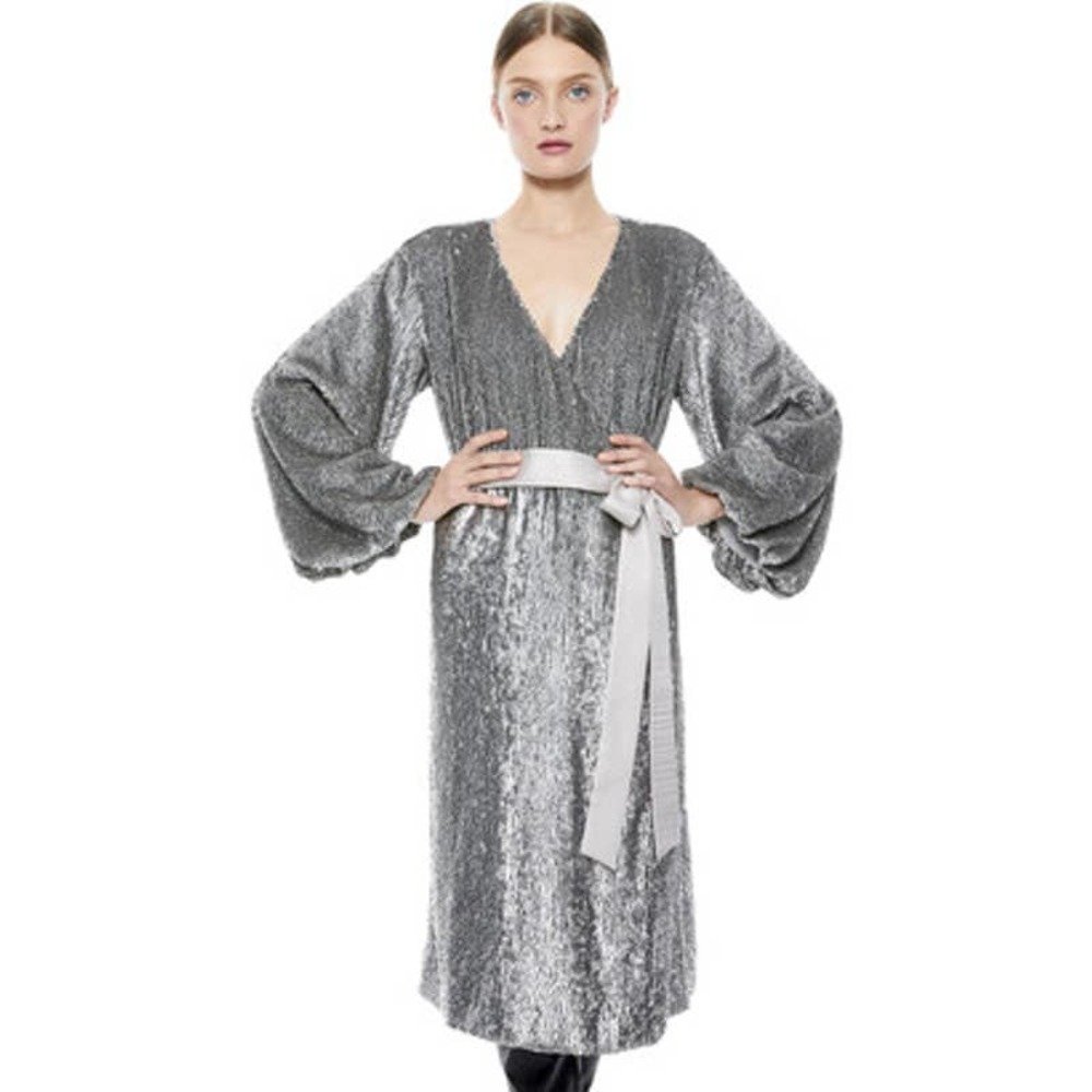 Alice + Olivia Women's Silver/Gunmetal Anne Sequin Wrap Midi Dress Size 8